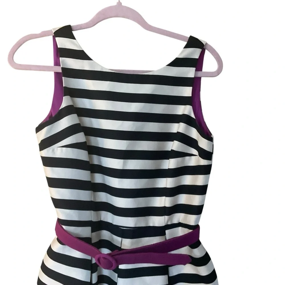 White House Black Market Black White Striped Fit & Flare Dress Purple Belt - Picture 3 of 9